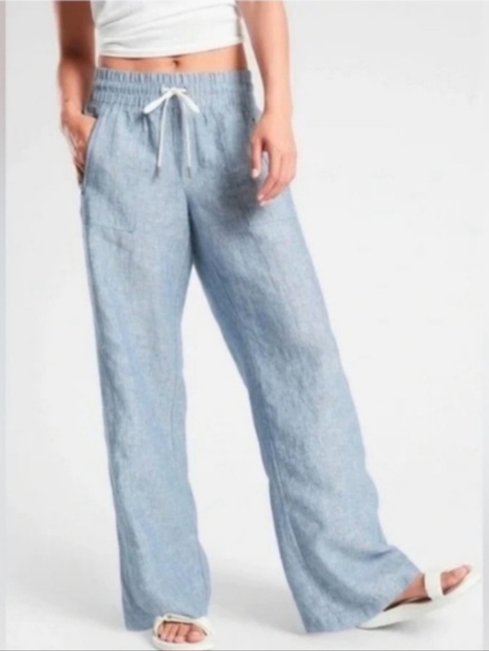 Athleta Cabo Linen Chambray-Blue Wideleg Pants Size 6